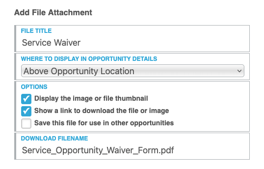 Admin panel showing file attachment options for an event
