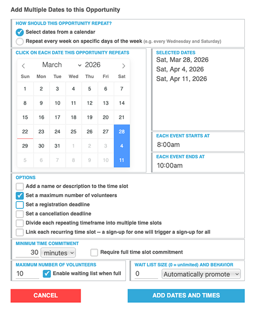 Admin panel showing multiple time slot configuration with recurring date options
