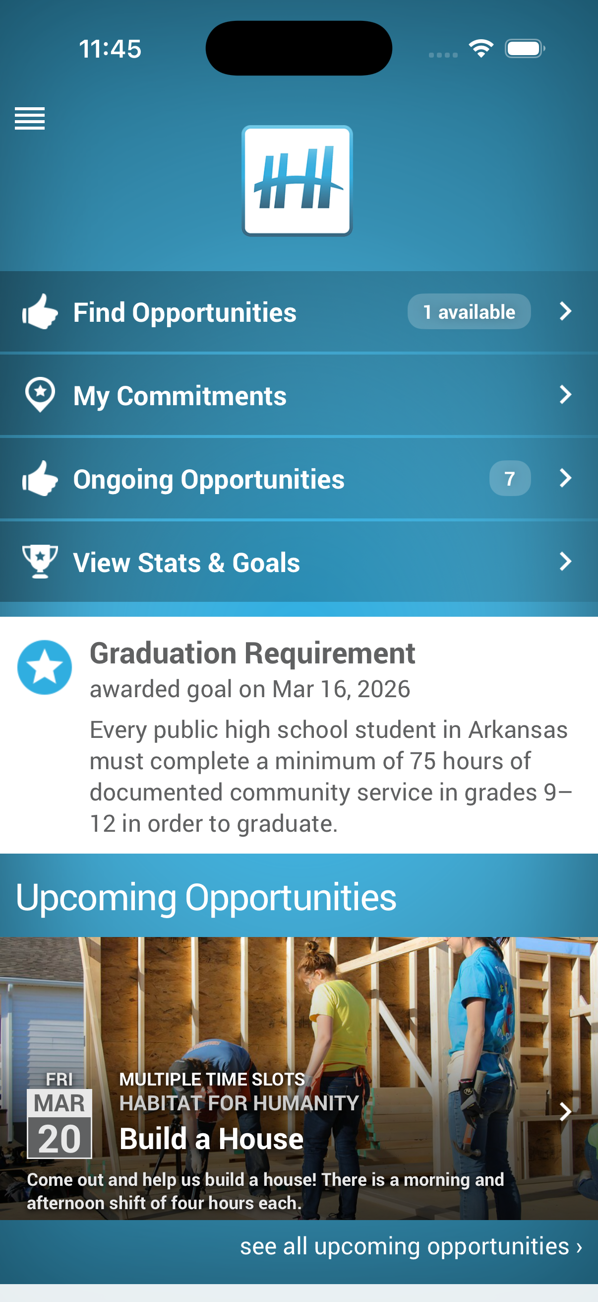 Helper Helper goal tracking screen for Florida student volunteer service hours