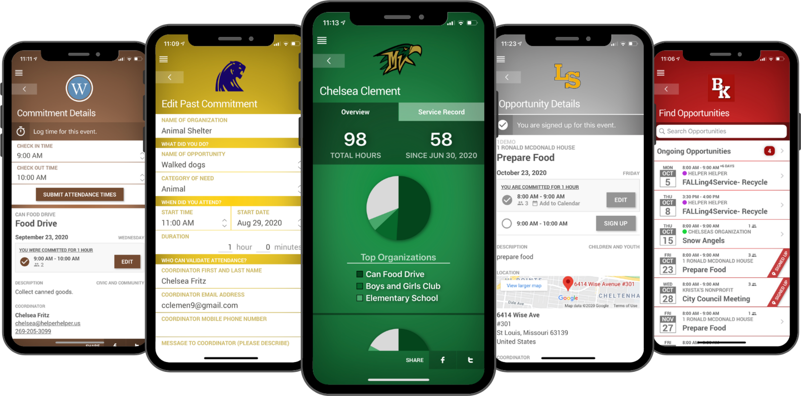 Five phones fanned out, each running the Helper Helper app in a different school's colors with that school's logo