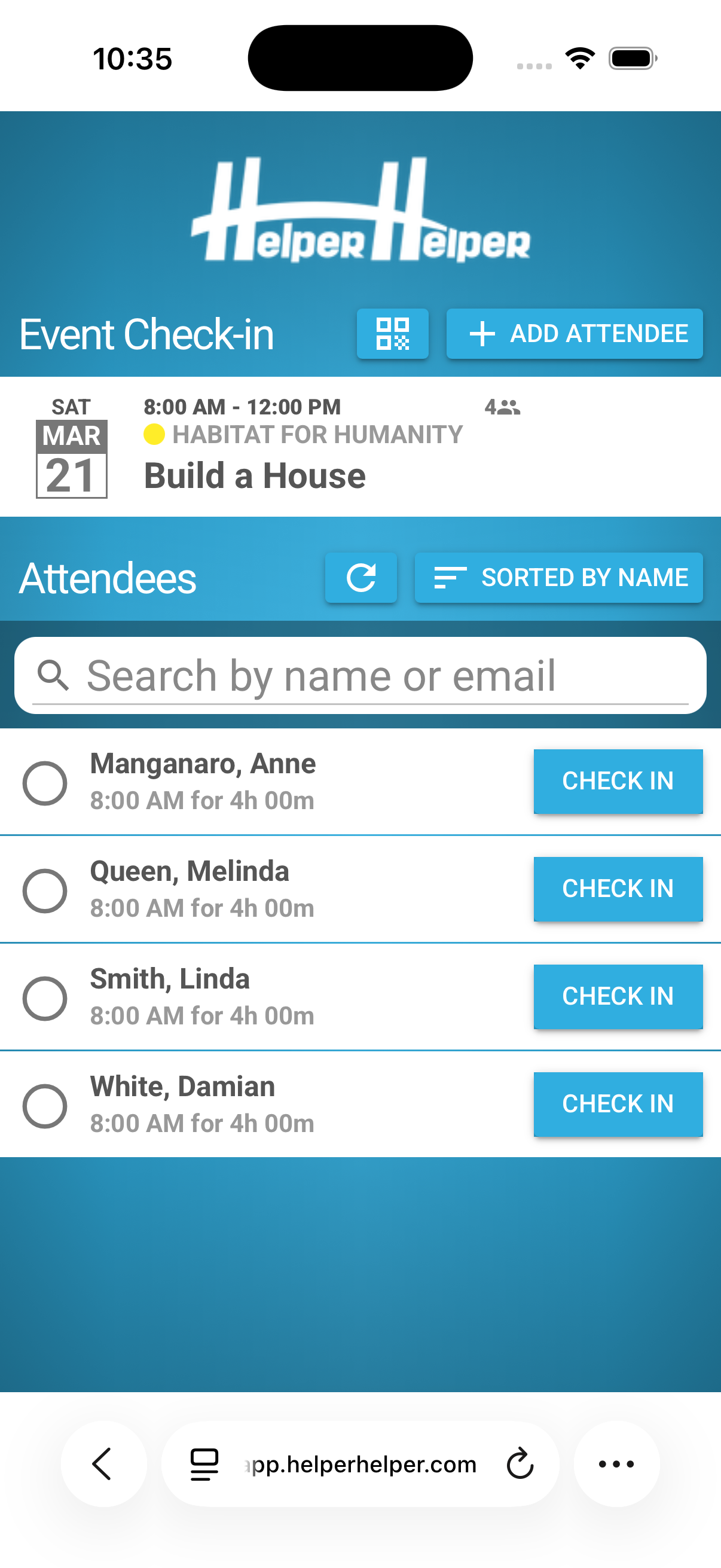 Check-in link interface for volunteer attendance verification