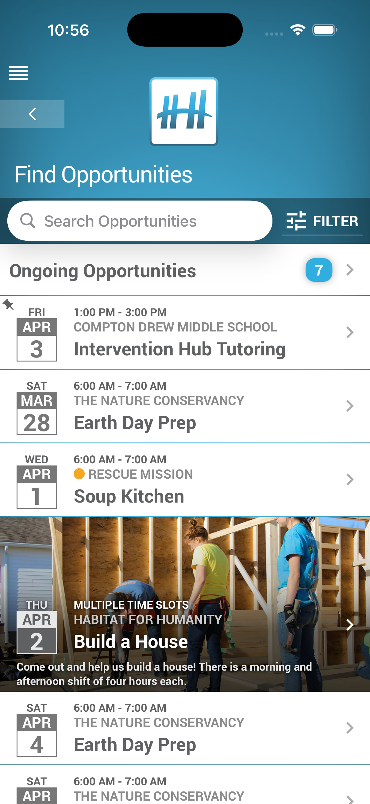 Helper Helper Find Opportunities screen showing customized events with categories, time slots, featured images, and pinned events