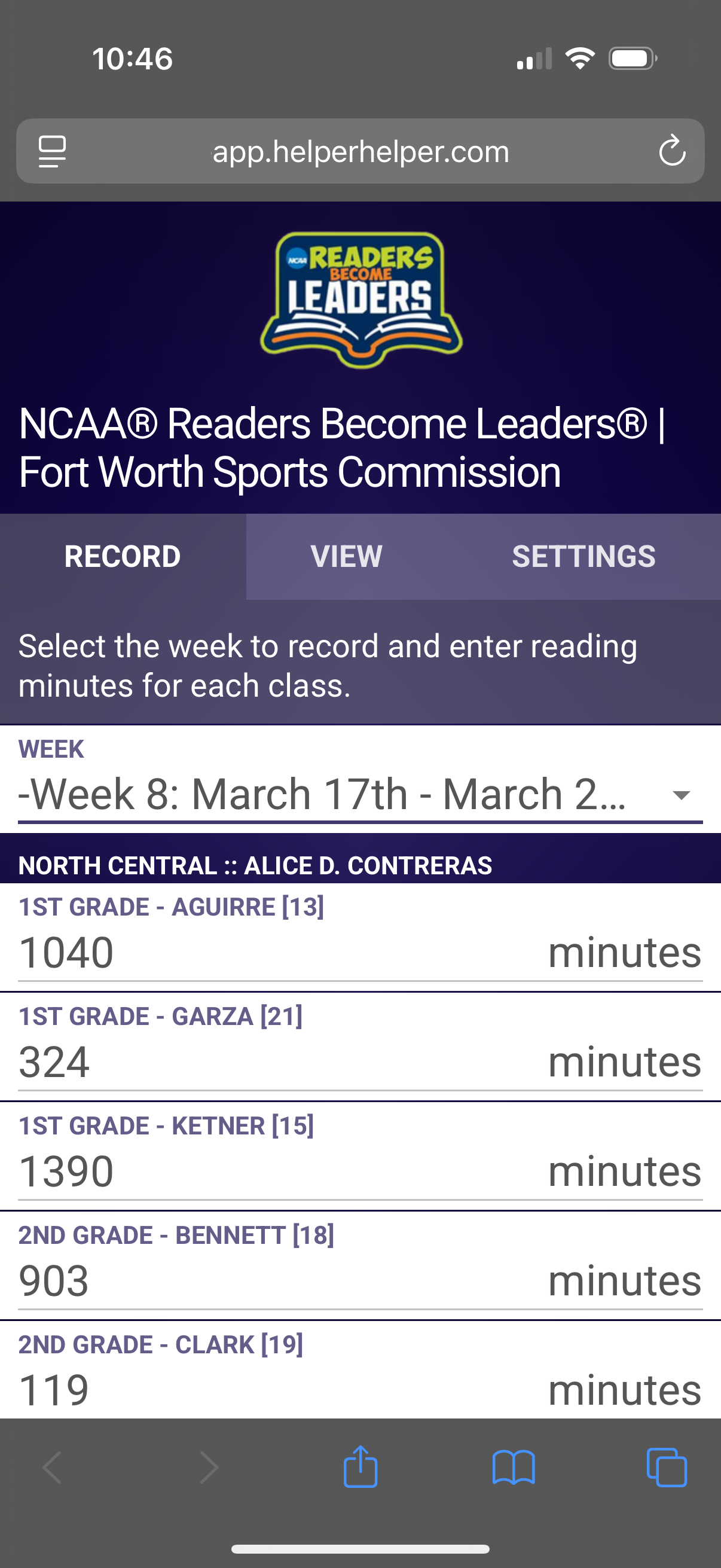 Readers Become Leaders record screen in the Helper Helper web app, where a Fort Worth teacher enters each class's reading minutes for the week